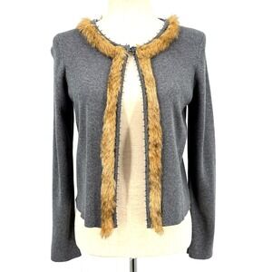 Chicos Womens Cardigan 0 Gray Brown Office Capsule Wardrobe Fall Faux Fur Beaded